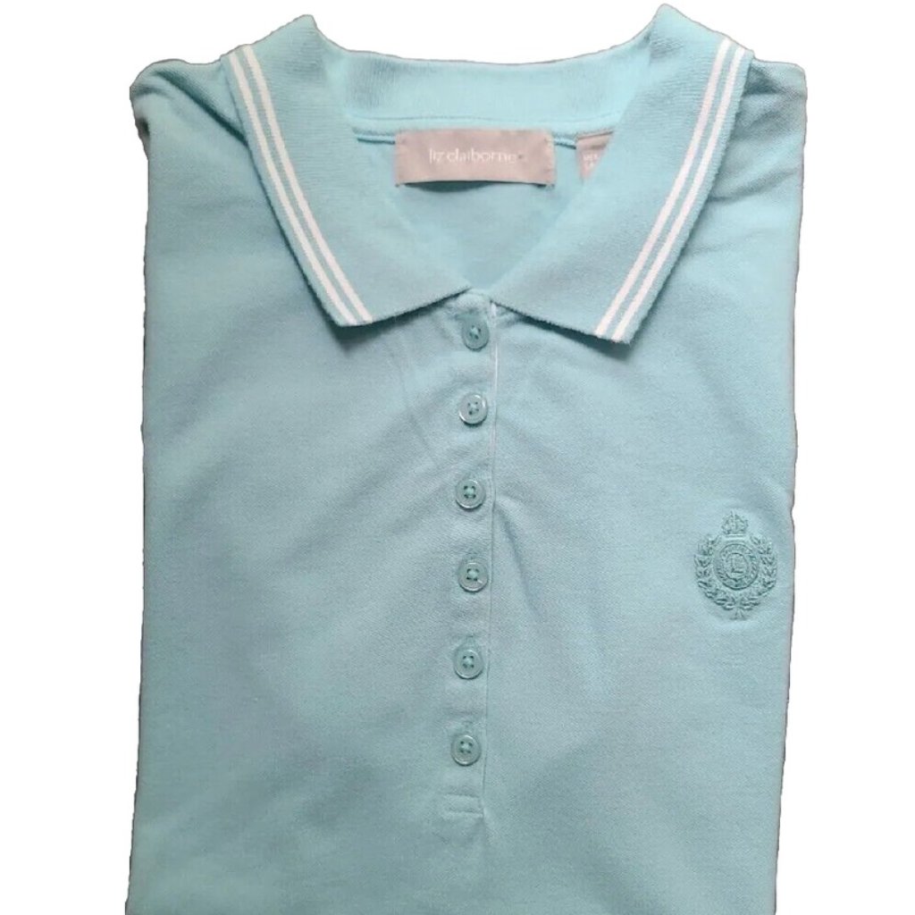 Liz Claiborne Ladies Aqua Blue Polo Shirt Crest Logo  Contrast Trim Size Large